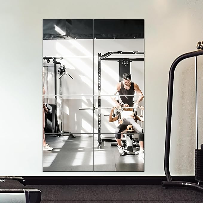 Delma Frameless Mirror Tiles 16"x12"x8 Pcs Wall Mounted, Shatter Resistant Full Length Tempered Glass Panels for Home Gym Bathroom Bedroom & Living Room Decor
