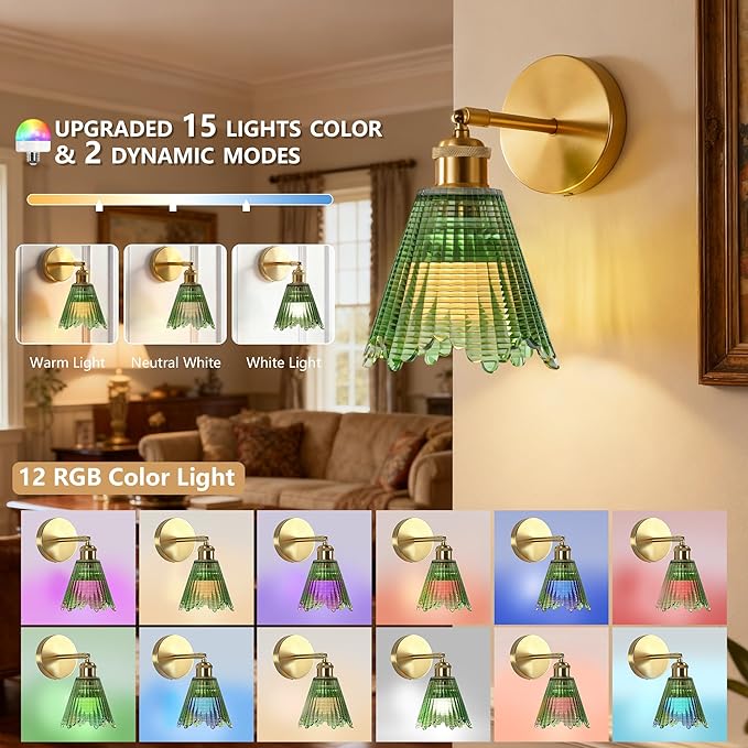 Vintage Battery Operated Wall Sconce with Green Crystal Grid Glass Lampshade Rechargeable Battery Powered Wall Light with Remote Control for Bedside Bedroom Bathroom, Set of 1
