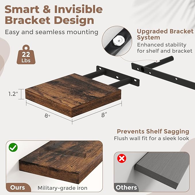8 Inch Square Floating Shelves for Wall 3 Pack, 8