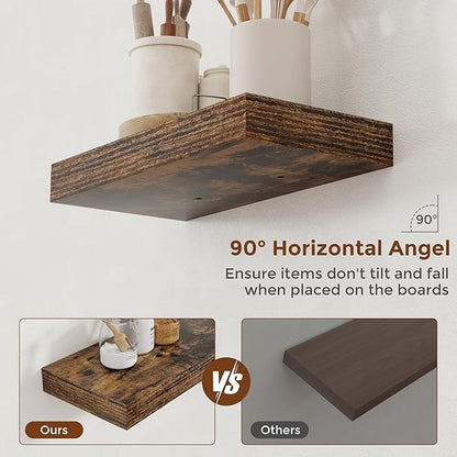 Heimlove 16 Inch Floating Shelves for Wall Set of 2, Rustic Brown Wall Mounted Wood Shelves 8 Inch Deep with Invisible Brackets for Bedroom Kitchen Living Room