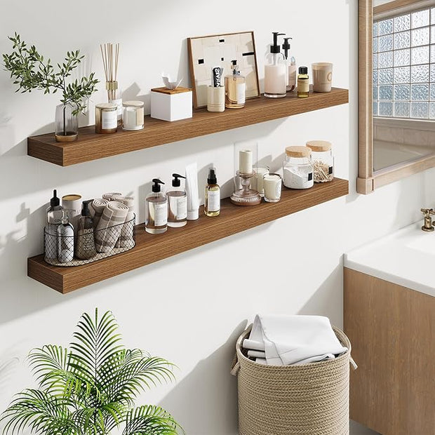 Fun Memories Floating Shelves 48 Inch, Extra Large Wood Shelf Set of 2, Hanging Wall Shelves for Bathroom, Living Room, Kitchen, Bedroom, Walnut