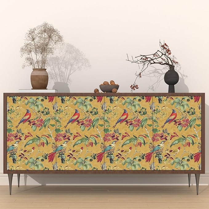 Vintage Floral Bird Wallpaper Peel and Stick,Boho Yellow Contact Paper, Retro Botanical Wall Paper Self Adhesive Removable Waterproof for Bedroom Walls Shelves Cabinet Table Decoration 17.5in x 393in