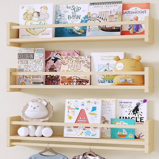 Nursery Floating Bookshelf for Kids, Wall Mounted Kids Book Shelf with Toy Storage, Pine Wood Nursery Shelves for Playroom, Bedroom, Toddler Room, Set of 3 (Pine, 15.8 Inches)