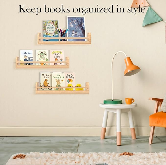 Floating Nursery Book Shelves, 16.5 inch Wall Book Shelves Kids Room, Set of 3 Baby Shelves for Nursery Décor, Ideal Wooden Nursery Shelves for Kids Room, Bedroom Bathroom and Kitchen (Natural Wood)