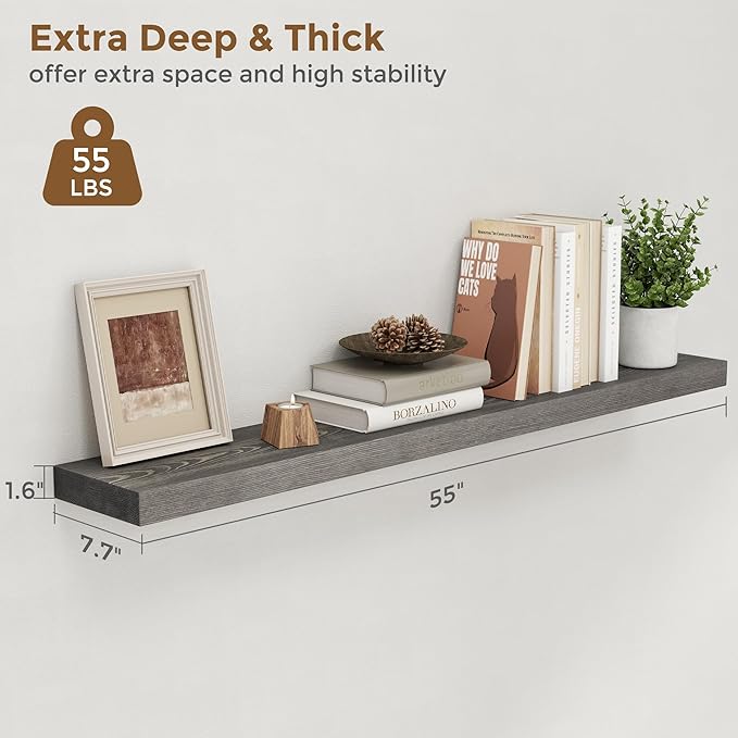 Marsmiles Floating Shelves for Wall - 55 Inch Rustic Grey Wood Floating Shelves Set of 1-55 Inch Wide x 7.7 Inch Deep x 1.6 Inch Thick Wooden Shelves for Room Wall