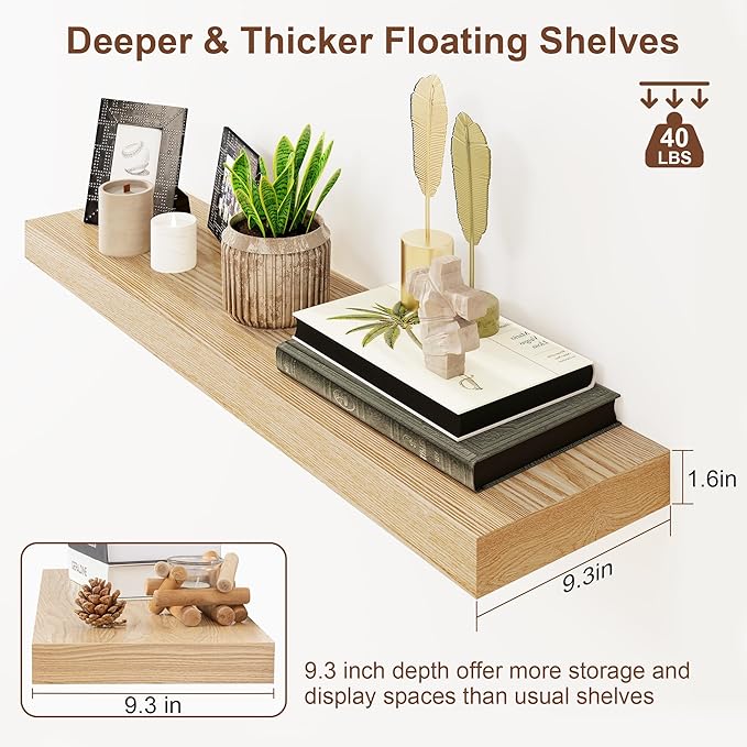 RICHFOCUS Floating Shelves for Wall | 36W x 9.3D Rustic Floating Shelves with Solid Ash Wood Veneer Set of 2 | Wood Wall Shelves with Upgraded Brackets | for Living Room Bathroom Home Office