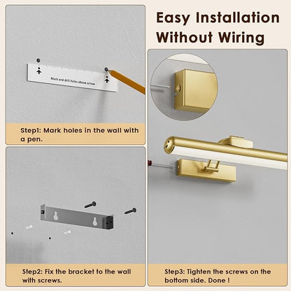 Picture Light for Wall with Remote, Wireless Battery Operated Wall Lights with 3 Colors Dimmable & Timer, 12.6" Rechargeable Metal Wall Sconce for Living Room, Artwork Gallery Display, Gold 1Pack
