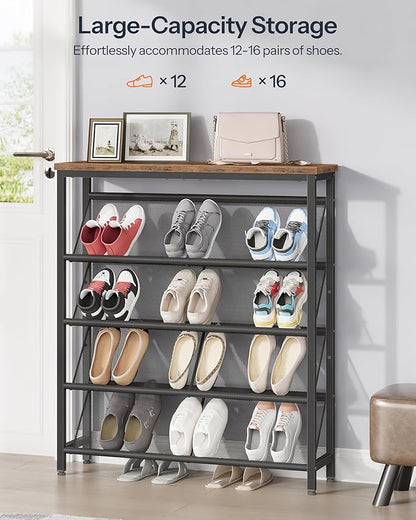 Shoe Rack, 5-Tier Slanted Shoe Storage Shelf, Narrow Shoe Rack for Entryway, Shoe Organizer with Adjustable Feet, Slim Shoe Shelf with Wooden Top and Metal Frame Rustic Brown and Black TXJ02BF