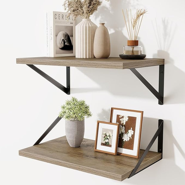 Floating Shelves for Wall,18" Wall Mounted Shelves Set of 2,Wood Floating Shelf with Bracket,Sturdy Metal Bracket Bookshelves Home Decor Storage for Living Room,Bedroom,Bathroom,Kitchen,Grey