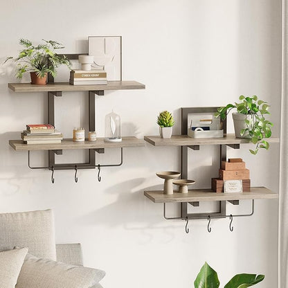 Floating Shelves, 15" Wall Shelf Set of 2, Hanging Bathroom Shelves 2-Tier, Wall Mounted Storage Shelves, for Living Room Bedroom Bathroom Kitchen Office Coffee Bar, Greige