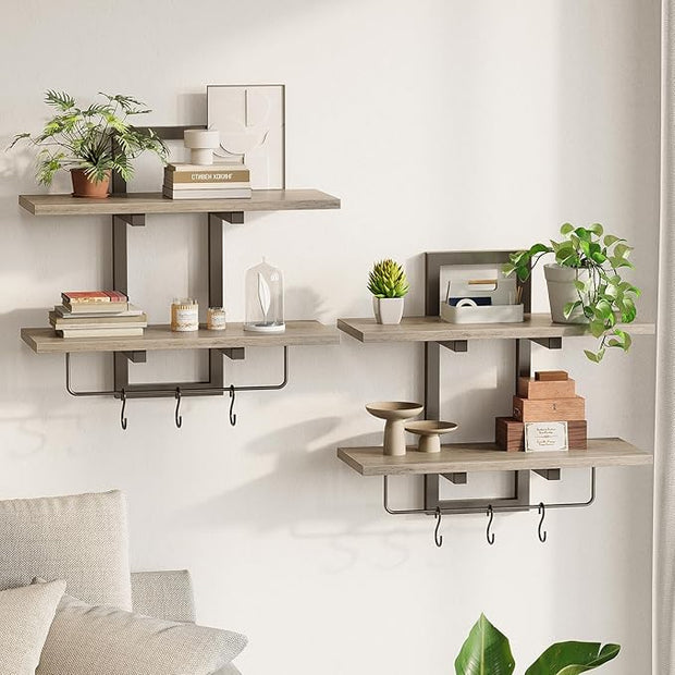 Floating Shelves, 15" Wall Shelf Set of 2, Hanging Bathroom Shelves 2-Tier, Wall Mounted Storage Shelves, for Living Room Bedroom Bathroom Kitchen Office Coffee Bar, Greige