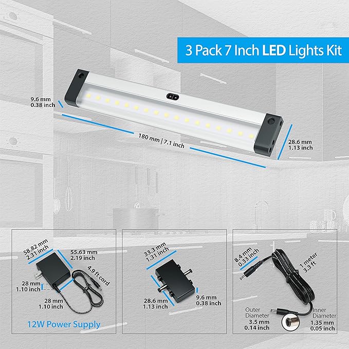 EShine Hand Wave Activated Under Cabinet LED Lighting Kit, Dimmable, 3-Pack 7 in - Touchless Dimming Control, Black Under Counter Lights for Kitchen, Garage, Office, Shelf - Warm White (3000K)