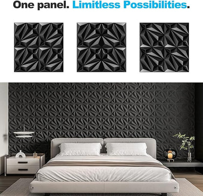 Art3d 33-Pack 3D Wall Panel for Interior Wall Décor, Diamond Textured PVC Accent Wall Paneling for Living Room Bedroom Office TV Wall Background, 11.8"x11.8" Cover 32.Sq.Ft., Black