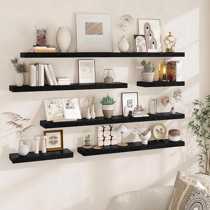 Fun Memories Floating Shelves for Wall, 48Inch Floating Shelves Set of 2, Hanging Shelf with Invisible Brackets, Wood Shelves for Living Room, Bedroom, Kitchen, Black