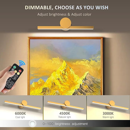 ZitoStory Battery Operated Picture Light with Remote,Wireless Dimmable Art Lights for Paintings Rechargeable Gallery Light Artwork Lighting for Canvas, Portrait (Gold,11.4'' Inch)