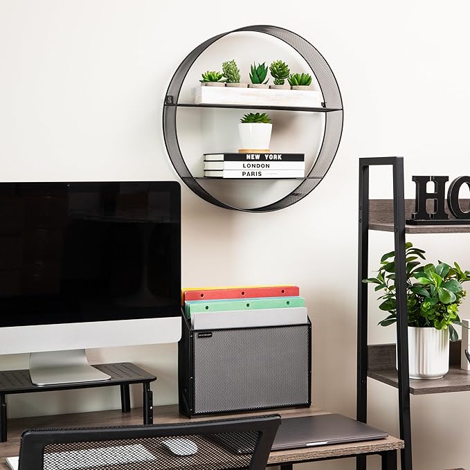 Mind Reader Circular Floating Shelves, Wall Decor, Accent Shelf, Office, Bathroom, Metal Mesh, 18" L x 4" W x 18" H, Black