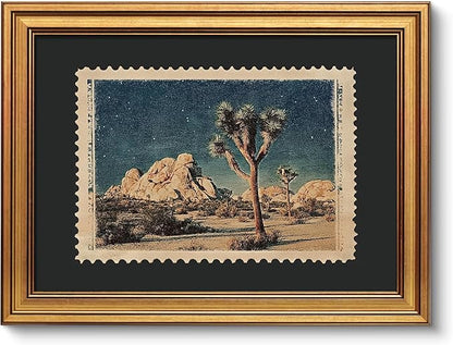 VIYYIEA Gold Framed Art Prints,12x16Inch, Desert Joshua Tree Vintage Art Painting, Southwest Travel Stamp Decor for Living Room Shelf, National Park Canvas Picture