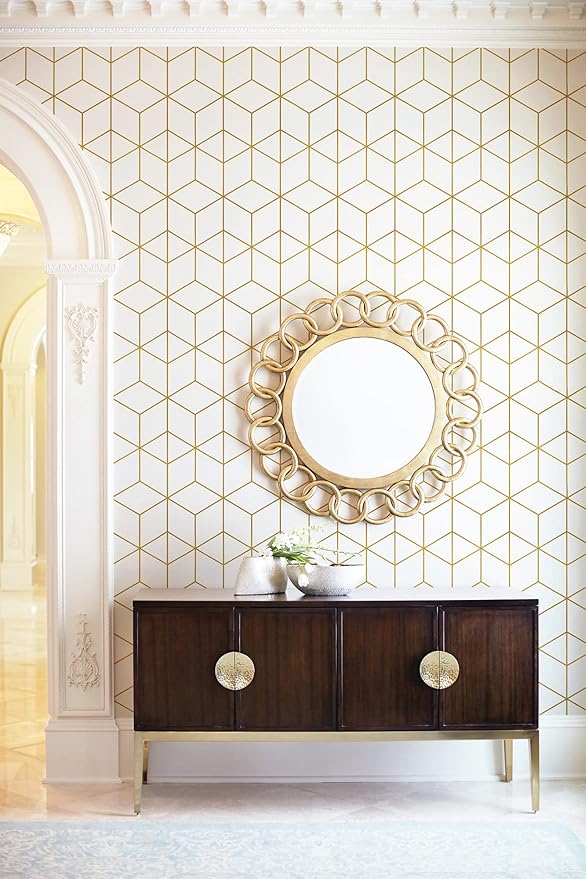Safiyya Contact Paper Gold White Wallpaper Geometric Peel and Stick Wallpaper Removable Wall Paper for Bedroom Vinyl Rolls 78.7"x17.3"