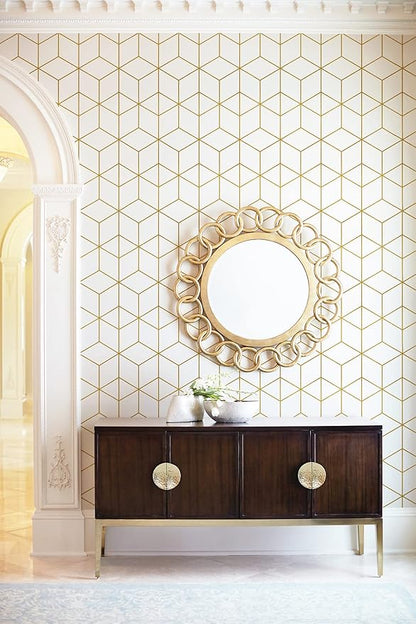 Safiyya Contact Paper Gold White Wallpaper Geometric Peel and Stick Wallpaper Removable Wall Paper for Bedroom Vinyl Rolls 78.7"x17.3"