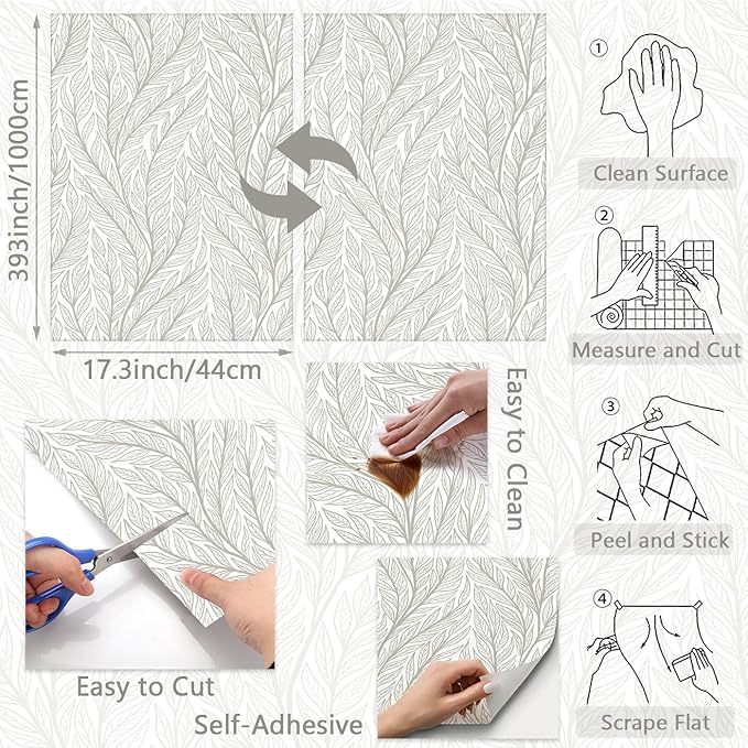 Leaf Wallpaper Peel and Stick Boho 17.3"x393" White and Beige Wallpaper Plant Self Adhesive Removable Wall Paper for Bedroom Beige Leaves Contact Paper for Cabinets Vinyl Waterproof