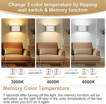 TRLIFE Dimmable Wall Sconces, 3000K/4000K/6000K Selectable Modern Wall Sconce 12W LED Aluminum Wall Mounted Light Set of 2 Hardwired Wall Lights for Bedroom Bedside Living Room Stairway (White, 2P)