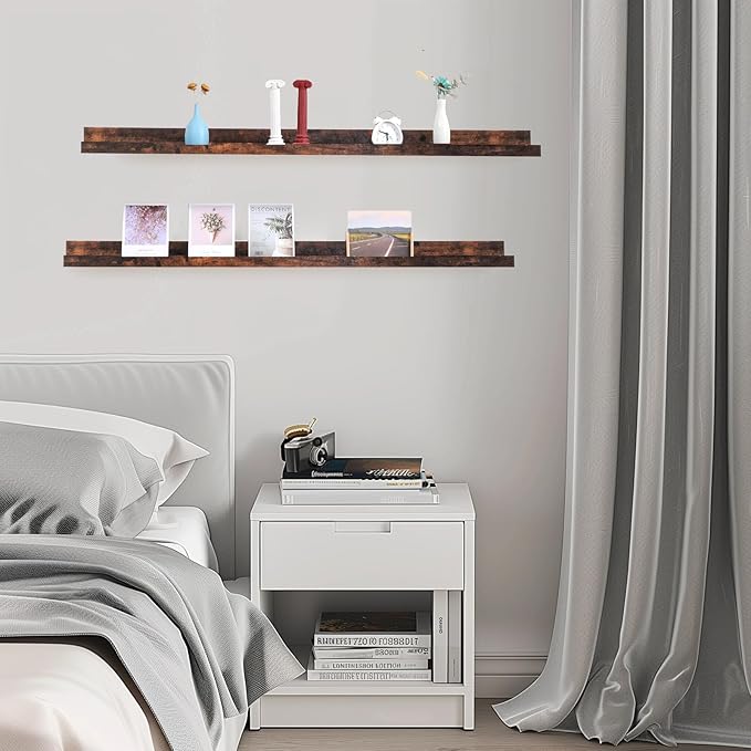 Muzilife 55" Large Floating Wall Ledge Shelves with Lip - Set of 2 Rustic Wood Floating Shelves - Honey Brown Wall Mounted Picture Ledge for Office, Bathroom, Bedroom, Living Room, Kitchen