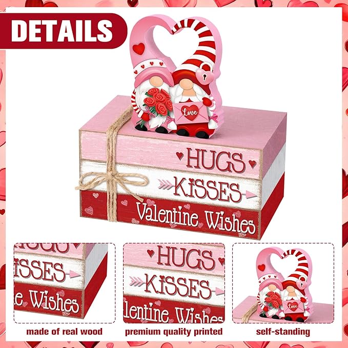 Geelin 4 Pcs Valentine Decorations Valentine Tiered Tray Decoration Wooden Gnome Book Stack Signs Ornament Vintage Table Decoration for Home Office Table Shelf Centerpiece Farmhouse Decorations