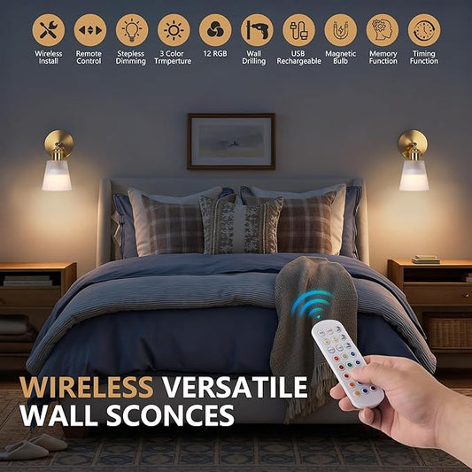 Vintage Battery Operated Wall Sconce with Milky Minimalist Glass Lampshade Rechargeable Battery Powered Wall Light with Remote Control for Bedside Bedroom Bathroom, Set of 1