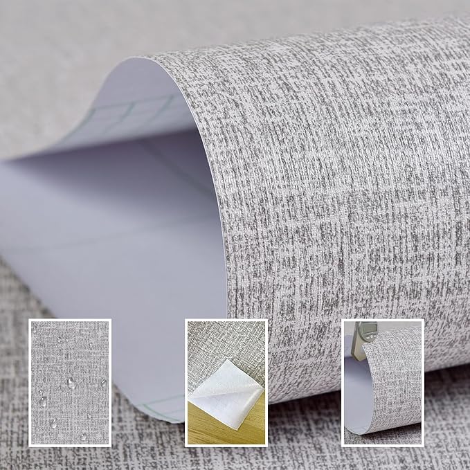 Yancorp 10ft Textured Fabric Gray Wallpaper Faux Grasscloth Grey Peel and Stick Wallpaper Self-Adhesive Linen Removable Cabinets Counter Top Liners