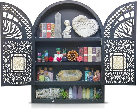Large Crystal Display Shelf for Wall, Crescent Moon Phase Shelf Wall Decor, Wooden Arch Shelf, Tree of Life Crystal Holder Organizer, Cabinet for Gem Stone Rock, Spiritual Home Room Decor