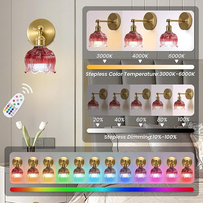Vintage Battery Operated Wall Sconce - Set of 2 Rose Red Flower Glass Cordless Mounted Lighting - 5000mAh Rechargeable Dimmable Wireless Powered Light Sconces with Remote Control for Bedroom Bedside
