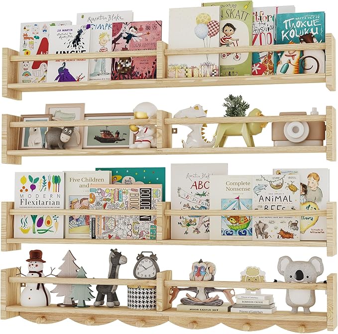 34Inch Nursery Bookshelves,Set of 4,Wall Floating Shelf Kids Coat Rack with 6Hooks,Hanging Book Shelf for Baby Nursery Room Décor， Patent Number: 29958098(Burlywood, 34)