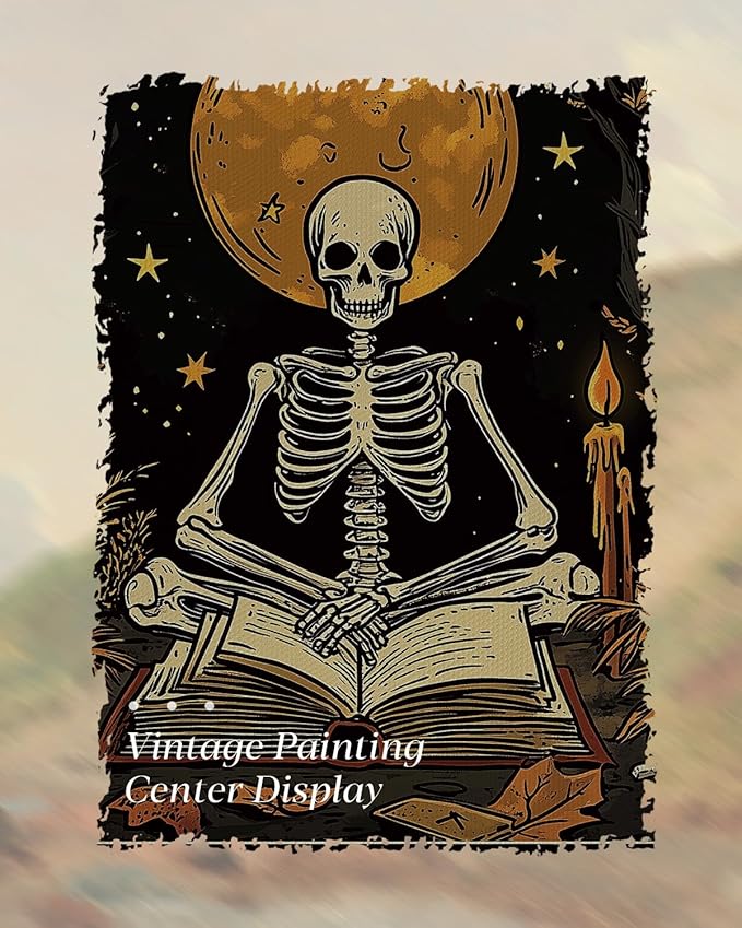HUARCEY Gold Framed Canvas Wall Art, Skeleton Reader Tarot Picture Decor, Library Reading Room School Decor, Book Lover Witchy Gothic Halloween Canvas Paintings, 8x10inch