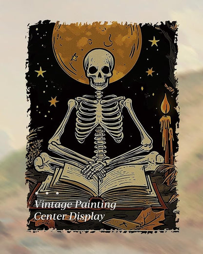 HUARCEY Gold Framed Canvas Wall Art, Skeleton Reader Tarot Picture Decor, Library Reading Room School Decor, Book Lover Witchy Gothic Halloween Canvas Paintings, 8x10inch