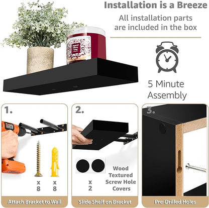 Sorbus Floating Shelves for Wall Set of 3 - Bathroom Shelves for Wall Storage, Over Toilet, Bedroom, Farmhouse, Decor - 2 Floating Shelves with Invisible Brackets & 1 Rectangular Box, Black
