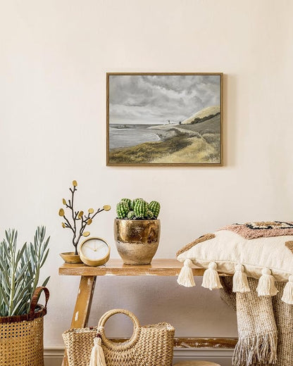 SHENIFY Coastal Framed Canvas Wall Art Vintage Landscape Seascape Classic Bathroom Kitchen Office Decor - 11x14in Natural Framed