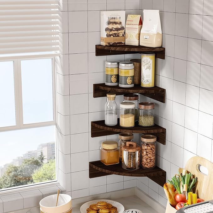Alsonerbay Corner Shelf Wall Mount, Floating Shelves for Wall Storage and Display, Set of 4 Rustic Wood Shelves for Bedroom, Kitchen, Living Room, Nursery and Office (Dark Brown)