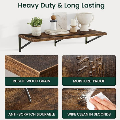 Floating Shelves, 12 Inch Deep Rustic Wood Wall Storage, 16W x 12D Wall Shelves Set of 2, Heavy Duty Metal Brackets, Large Industrial Book Shelf for Living Room, Kitchen, Bedroom, Brown