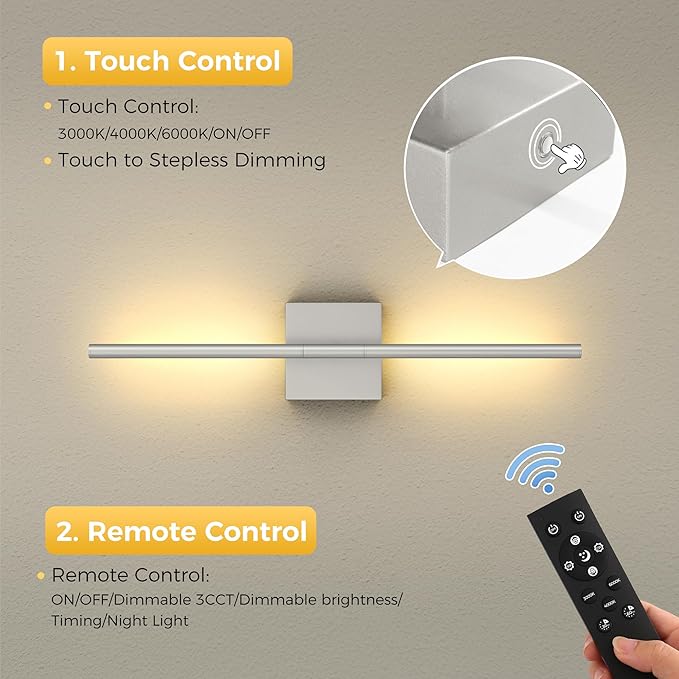 L LOHAS LED Battery Operated Wall Sconces Set of 2, Battery Wall Sconce 10000mAh, Nickel Rechargeable Sconces 3CCT, 23.7 Inch Wireless Wall Lights, Sconce Wall Decor for Bedroom, Living Room