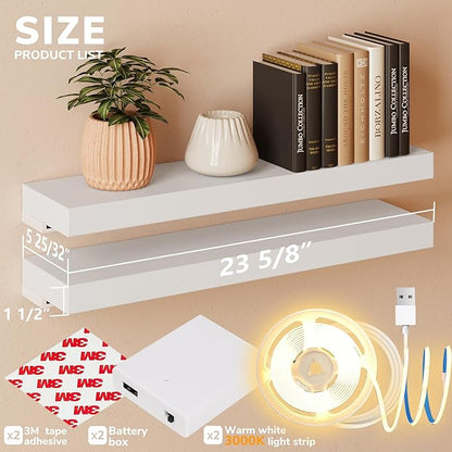 BAMEOS Floating Shelves with LED for Wall Decor, Sturdy Shelves with Warm Light, Wall Mounted Display Shelves, Set of 2, Hanging Shelf for Bathroom, Bedroom, Kitchen, Living Room Storage, White