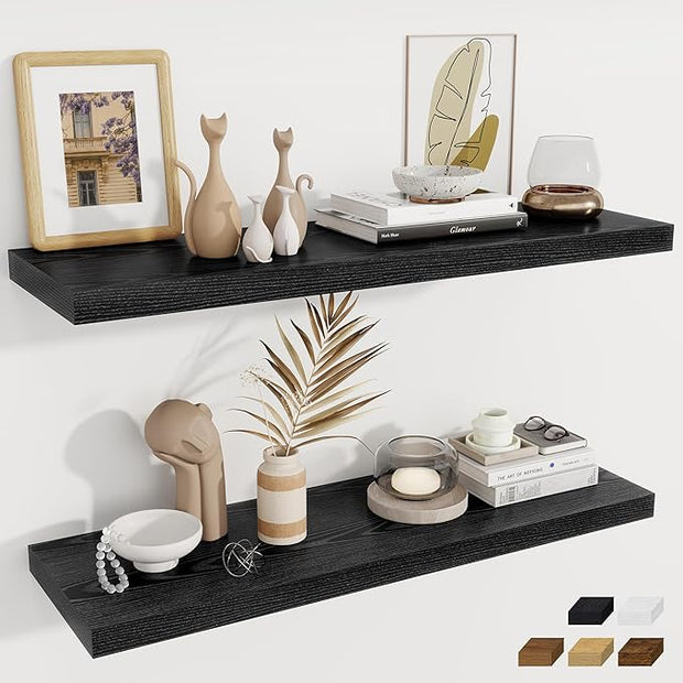Fun Memories 12 Deep Floating Shelves, 40W x 12D Floating Shelves for Wall Set of 2, Extra Deeper Hanging Wood Shelves for Wall for Living Room Kitchen Laundry Room Kitchen Home Office - Black