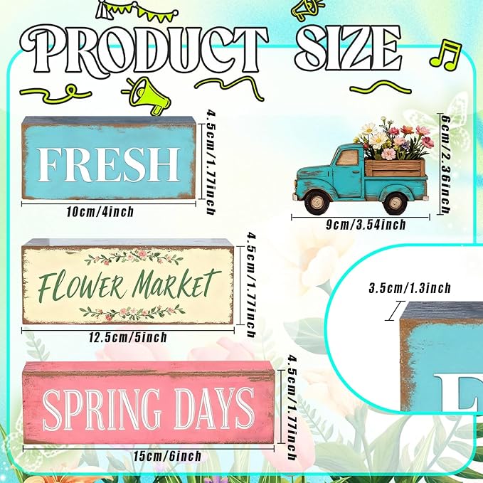 Spring Decoration Wooden Tiered Tray Decor Set – Farmhouse Spring Block Sign with Vintage Flower Truck, Fresh Flower Market Text – Rustic Tabletop Centerpiece for Living Room, Kitchen, Entryway, Shelf Display, Spring Home Decor