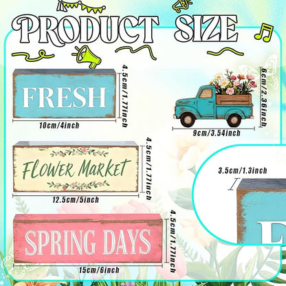 Spring Decoration Wooden Tiered Tray Decor Set – Farmhouse Spring Block Sign with Vintage Flower Truck, Fresh Flower Market Text – Rustic Tabletop Centerpiece for Living Room, Kitchen, Entryway, Shelf Display, Spring Home Decor