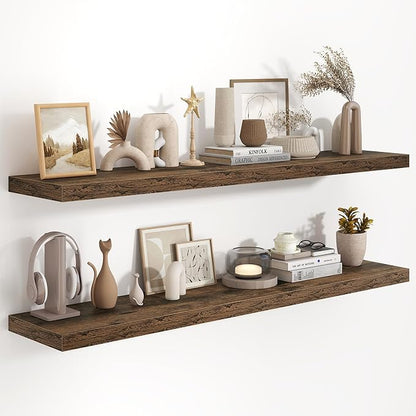 55 Inch Long Floating Shelves for Wall Set of 2, 55x9.3 Large Floating Shelf for Bedroom, Kitchen, Bathroom, Wall Mounted Rustic Wood Shelves with Invisible Bracket for Books, Decor, Rustic Brown