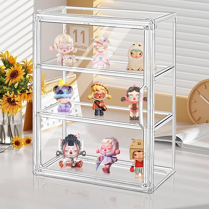 Montex Acrylic Display Case for Collectibles 3 Tier, Figure Display Case with 2 Movable Plates, Dustproof Showcase for Collectibles, Clear Display Case for Figures(4 Pack)