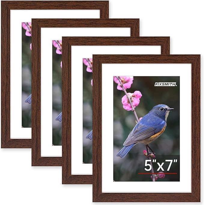 FIXSMITH 5x7 Picture Frame Bulk-4 Pack, Photo Frame with HD Plexiglass, Display Pictures 4x6 with Mat or 5x7 Without Mat, Brown Picture Frames Collage Wall Decor, Wall & Tabletop Picture Frames