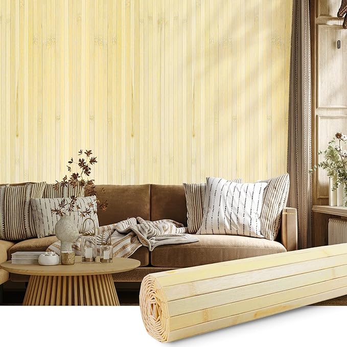 FONUNO Bamboo Wall Panel for Interior Decoration Bamboo Pole Wrap Roll Natural Wainscoting Paneling Decorative Wall Slat Covering for Living Room, Bedroom, Office (12 Inch x 96 Inch, Raw)