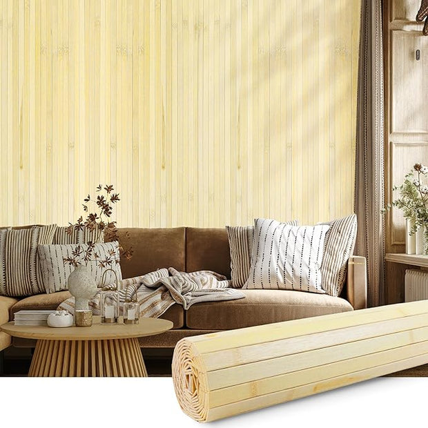 FONUNO Bamboo Wall Panel for Interior Decoration Bamboo Pole Wrap Roll Natural Wainscoting Paneling Decorative Wall Slat Covering for Living Room, Bedroom, Office (48 Inch x 96 Inch, Raw)