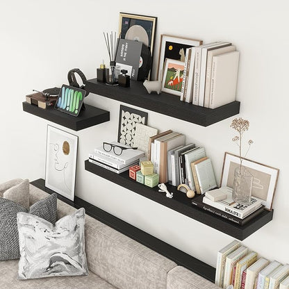 Deep Floating Shelves | 24 Inch Black Floating Shelves Set of 2 | 12 Inch Deep Rustic Wood Shelves for Wall | 24" W x 12" D Black Shelves for Living Room Bathroom Laundry Room Kitchen