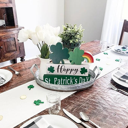 Happy St. Patrick's Day Table Decor Shamrock Home Office Wooden Table Top Decor Centerpiece Decorations for Tiered Trays Shelf Coffee Bar Mantle Windowsill